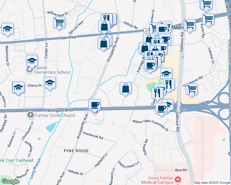 map of restaurants, bars, coffee shops, grocery stores, and more near 3025 Hamaker Court in Fairfax