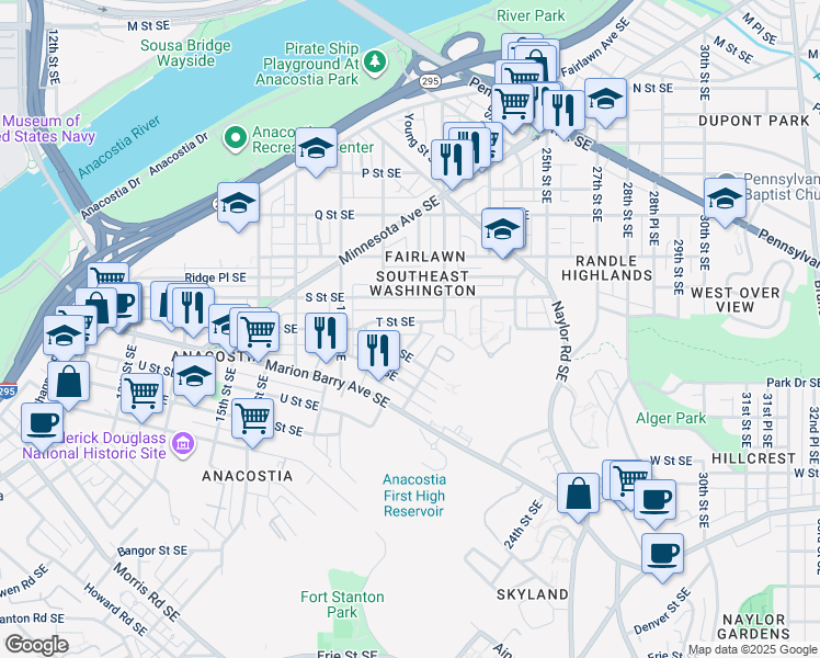 map of restaurants, bars, coffee shops, grocery stores, and more near 2005 T Street Southeast in Washington