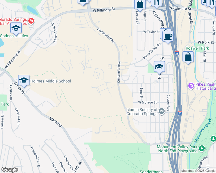 map of restaurants, bars, coffee shops, grocery stores, and more near 2485 Bravery Heights in Colorado Springs