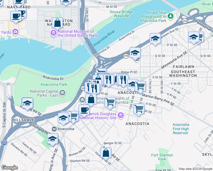 map of restaurants, bars, coffee shops, grocery stores, and more near 1209 S Street Southeast in Washington