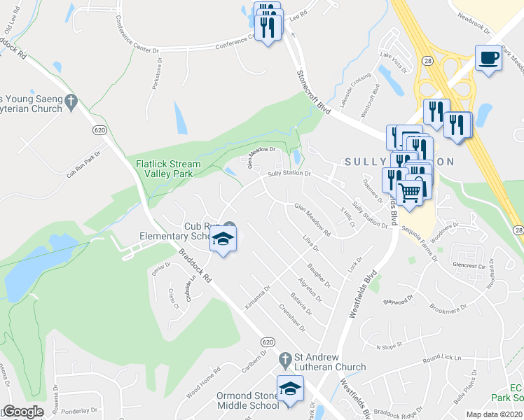 map of restaurants, bars, coffee shops, grocery stores, and more near 14704 Rabbit Run Court in Centreville