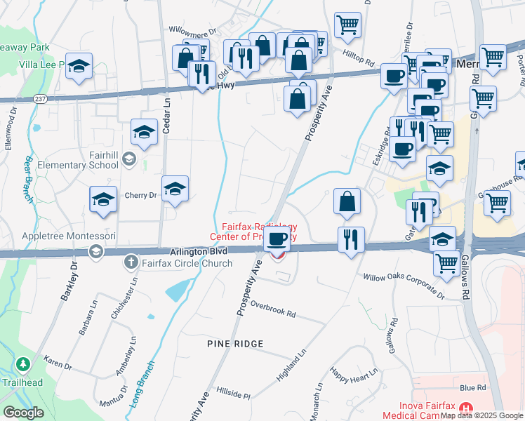map of restaurants, bars, coffee shops, grocery stores, and more near 3015 Robin Ridge Court in Fairfax