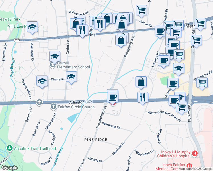 map of restaurants, bars, coffee shops, grocery stores, and more near 3015 Robin Ridge Court in Fairfax