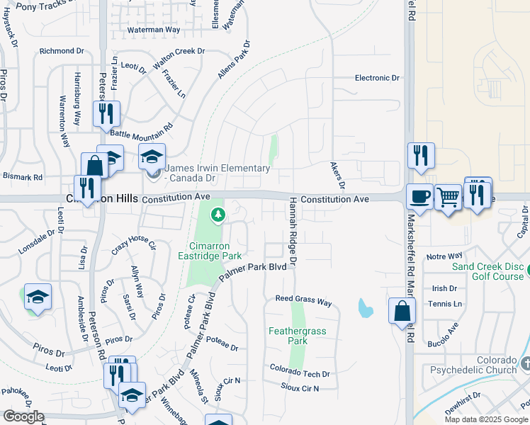 map of restaurants, bars, coffee shops, grocery stores, and more near 2429 Cherokee Park Place in Colorado Springs