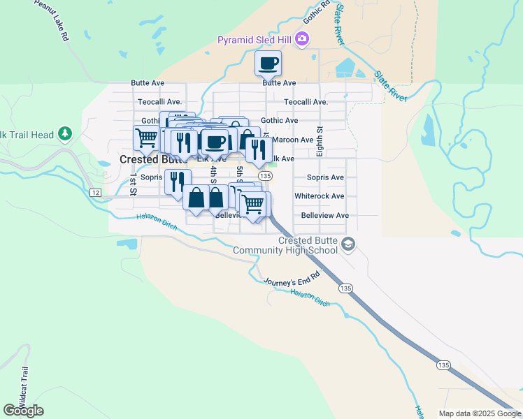 map of restaurants, bars, coffee shops, grocery stores, and more near 501-599 Whiterock Avenue in Crested Butte