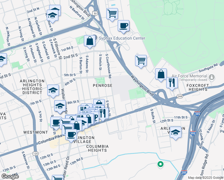 map of restaurants, bars, coffee shops, grocery stores, and more near South Courthouse Road in Arlington