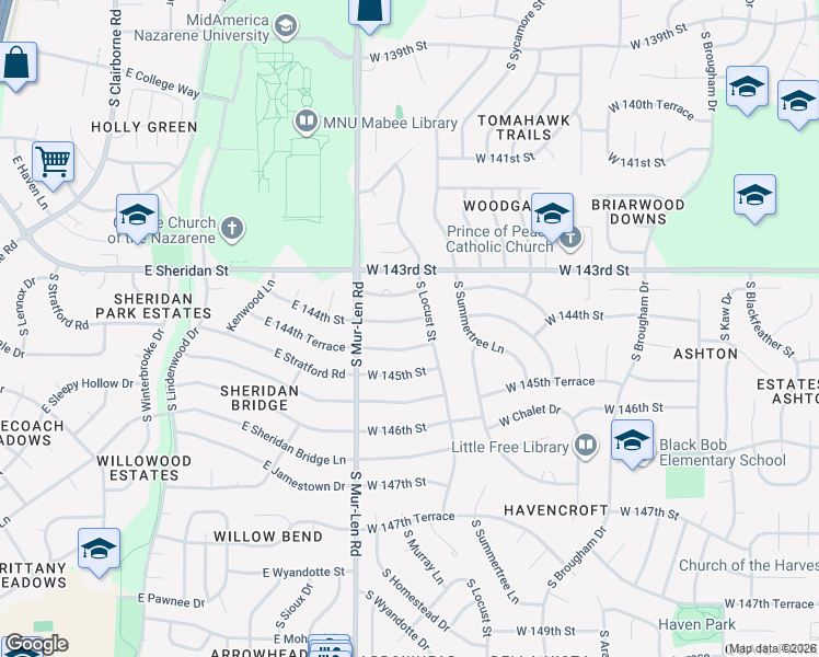 map of restaurants, bars, coffee shops, grocery stores, and more near 16605 West 143rd Terrace in Olathe