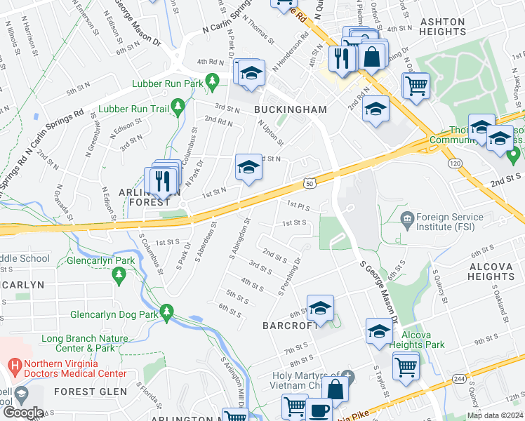 map of restaurants, bars, coffee shops, grocery stores, and more near 4630 Arlington Boulevard in Arlington