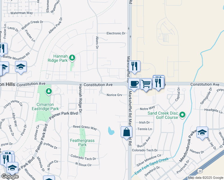 map of restaurants, bars, coffee shops, grocery stores, and more near 7935 Constitution Avenue in Colorado Springs