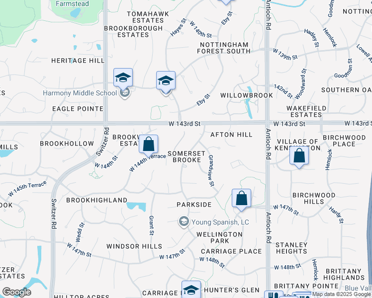 map of restaurants, bars, coffee shops, grocery stores, and more near 14313 Hayes Street in Overland Park