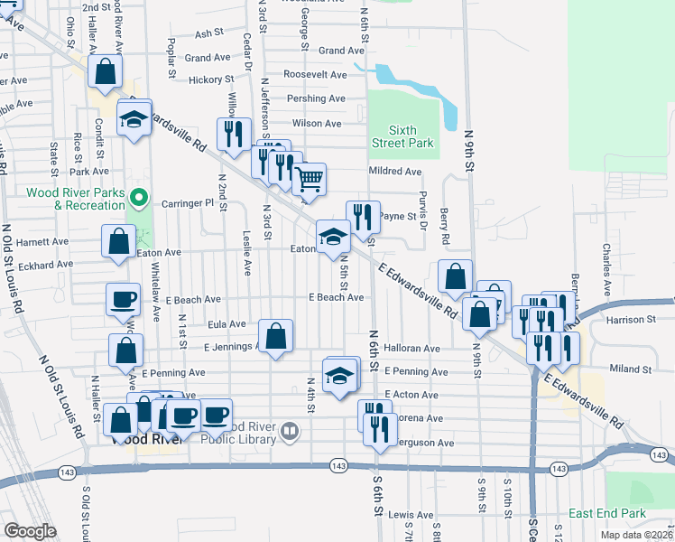 map of restaurants, bars, coffee shops, grocery stores, and more near in Wood River