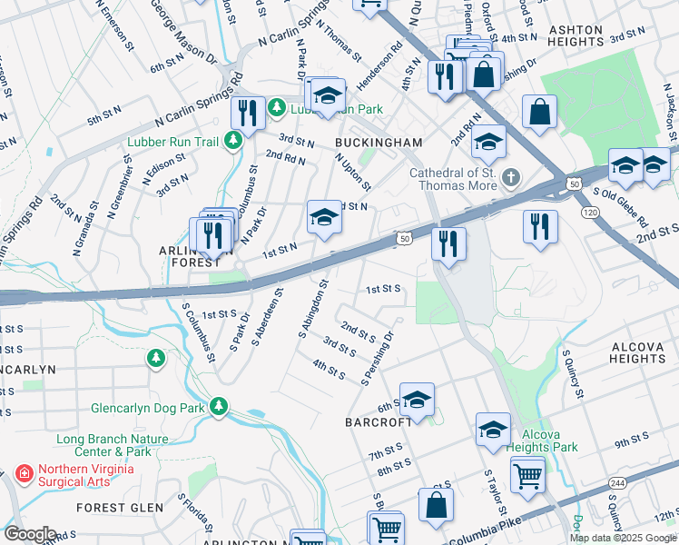 map of restaurants, bars, coffee shops, grocery stores, and more near 4630 Arlington Boulevard in Arlington