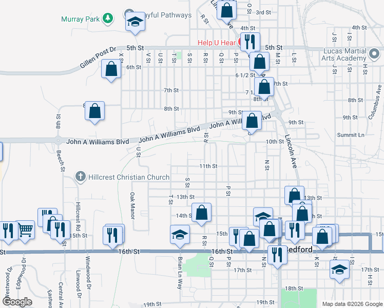 map of restaurants, bars, coffee shops, grocery stores, and more near Milwaukee Road Transportation Trailway in Bedford