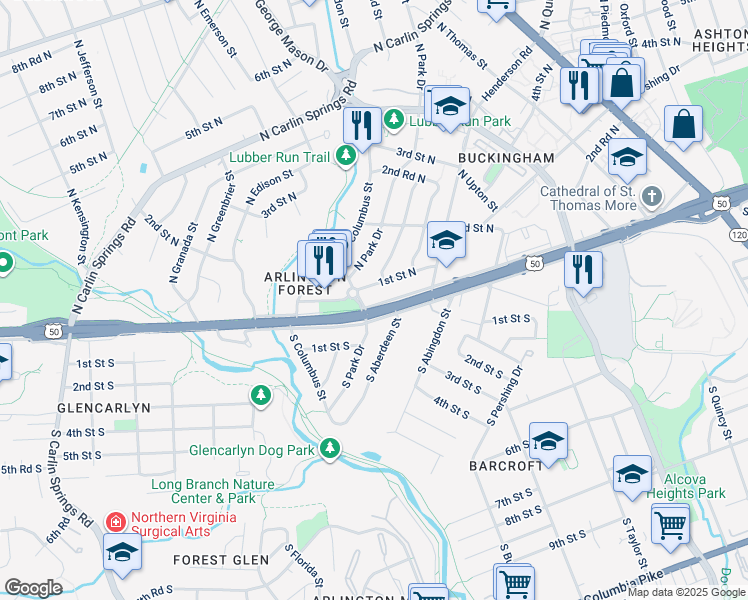 map of restaurants, bars, coffee shops, grocery stores, and more near 4763 Arlington Boulevard in Arlington