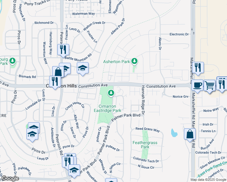 map of restaurants, bars, coffee shops, grocery stores, and more near 2451 Shawnee Drive in Colorado Springs