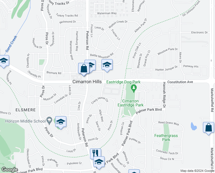 map of restaurants, bars, coffee shops, grocery stores, and more near 2515 Canada Drive in Colorado Springs
