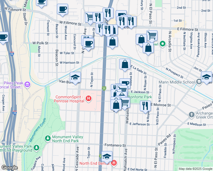 map of restaurants, bars, coffee shops, grocery stores, and more near 2430 North Nevada Avenue in Colorado Springs