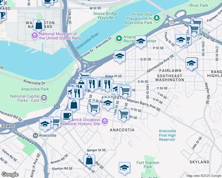 map of restaurants, bars, coffee shops, grocery stores, and more near 1417 T Street Southeast in Washington