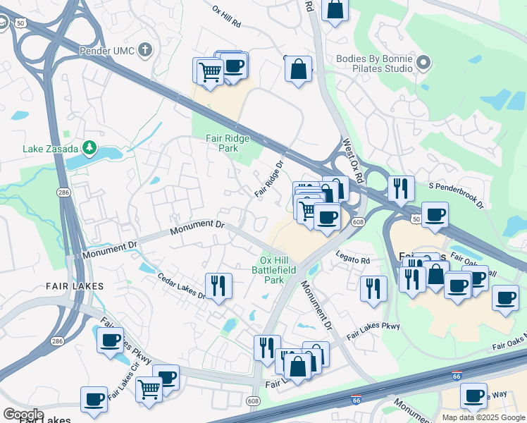 map of restaurants, bars, coffee shops, grocery stores, and more near 12224 Fort Buffalo Circle in Fairfax