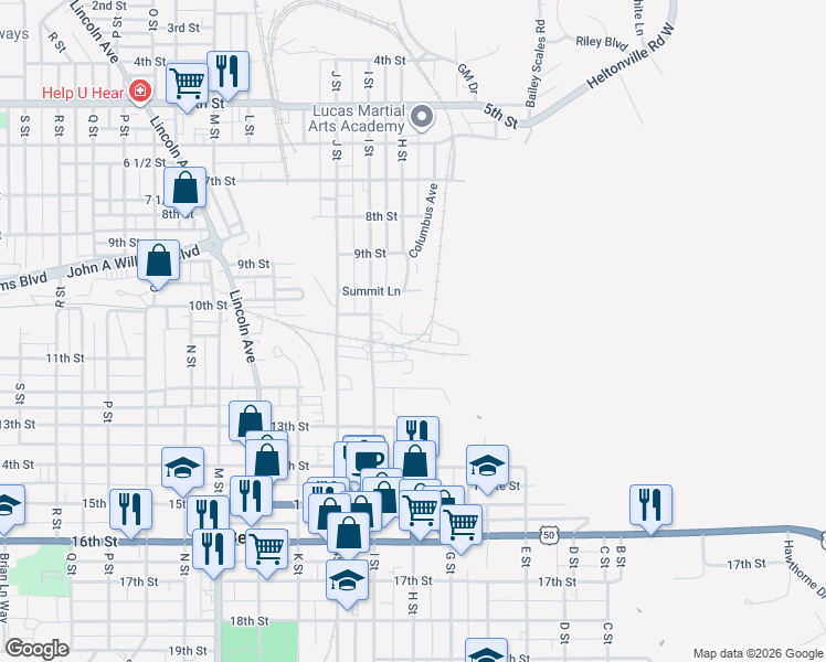 map of restaurants, bars, coffee shops, grocery stores, and more near 904 Summit Lane in Bedford