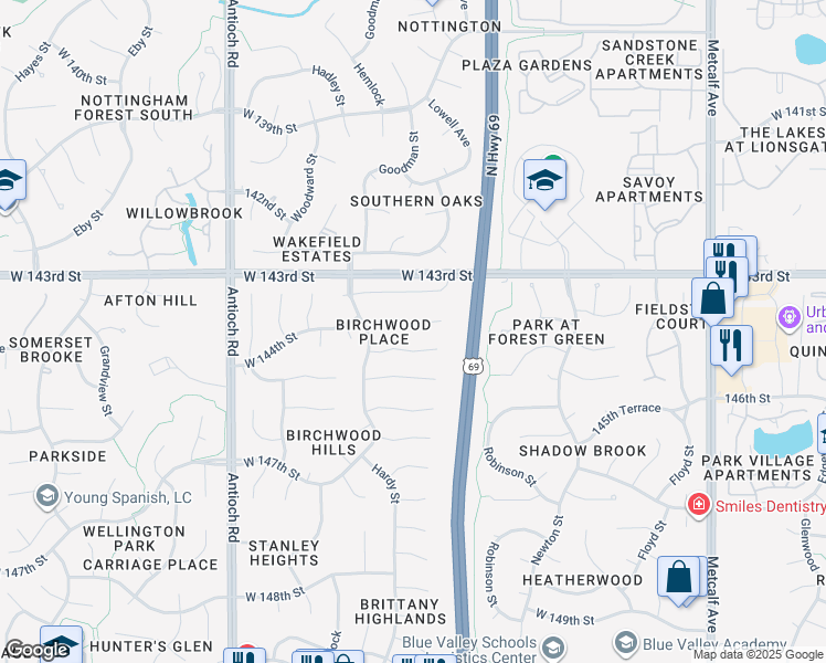 map of restaurants, bars, coffee shops, grocery stores, and more near 8118 West 144th Street in Overland Park