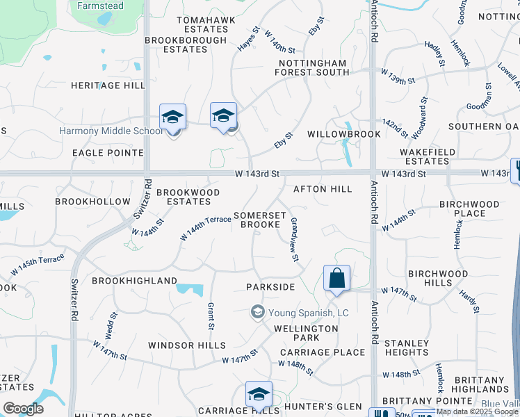 map of restaurants, bars, coffee shops, grocery stores, and more near 14313 Hayes Street in Overland Park