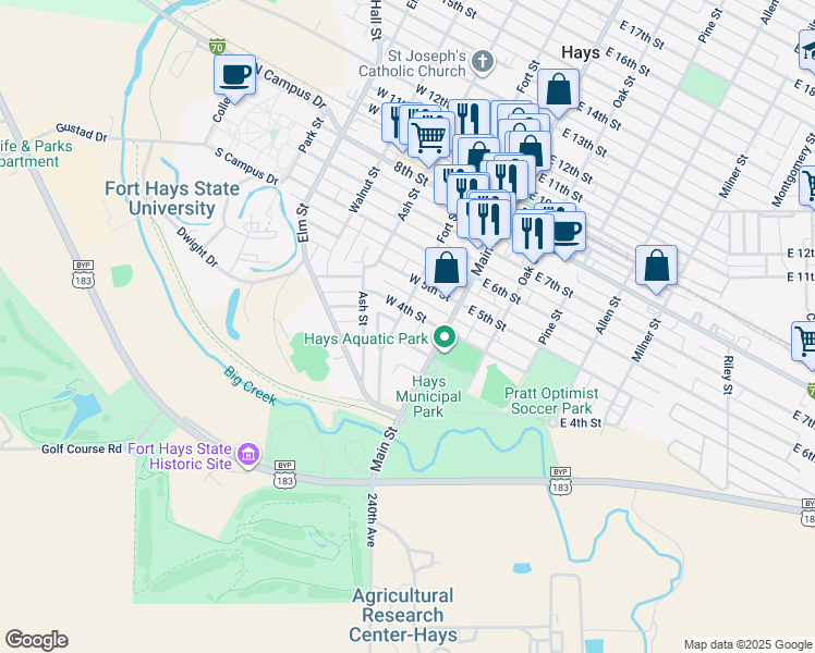 map of restaurants, bars, coffee shops, grocery stores, and more near 111 West 4th Street in Hays