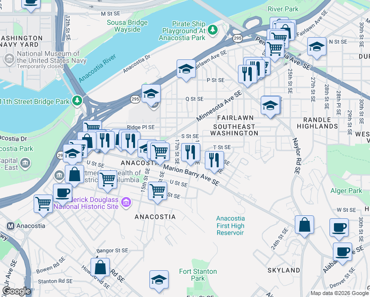 map of restaurants, bars, coffee shops, grocery stores, and more near 101 Independence Avenue Southeast in Washington