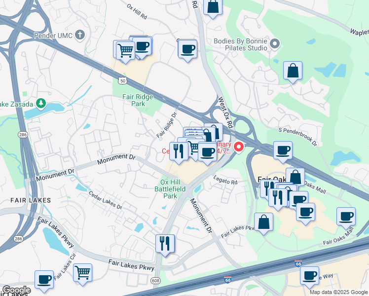 map of restaurants, bars, coffee shops, grocery stores, and more near Monument Court in Fairfax