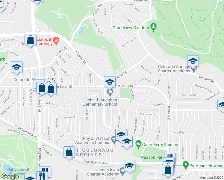 map of restaurants, bars, coffee shops, grocery stores, and more near 2400 East Van Buren Street in Colorado Springs