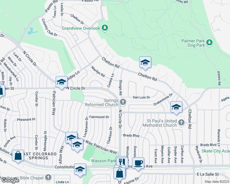 map of restaurants, bars, coffee shops, grocery stores, and more near 2511 Centre Circle in Colorado Springs