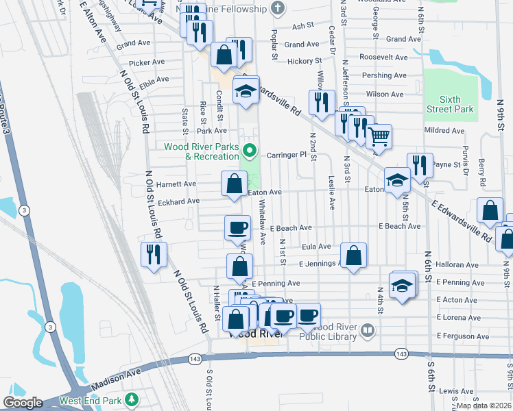 map of restaurants, bars, coffee shops, grocery stores, and more near 576 Whitelaw Avenue in Wood River