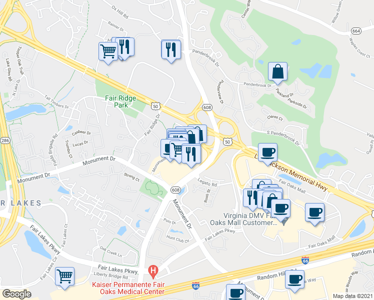 map of restaurants, bars, coffee shops, grocery stores, and more near 12140 Fairfax Towne Center in Fairfax