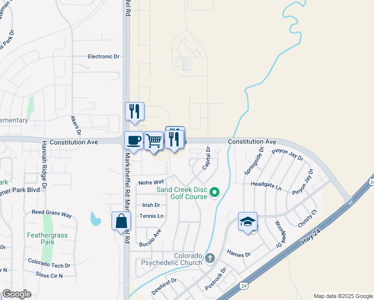 map of restaurants, bars, coffee shops, grocery stores, and more near 2582 Shannara Grove in Colorado Springs