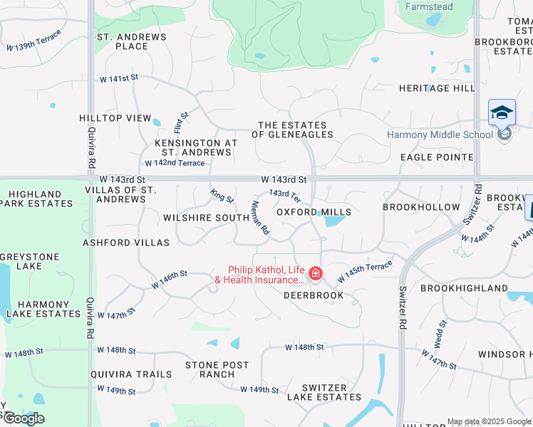map of restaurants, bars, coffee shops, grocery stores, and more near 14318 Reeder in Overland Park
