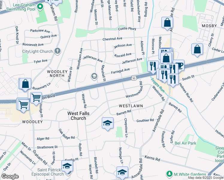map of restaurants, bars, coffee shops, grocery stores, and more near 6904 Westcott Road in Falls Church