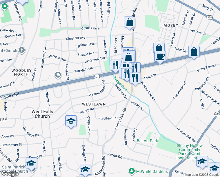 map of restaurants, bars, coffee shops, grocery stores, and more near 6718 Westlawn Drive in Falls Church