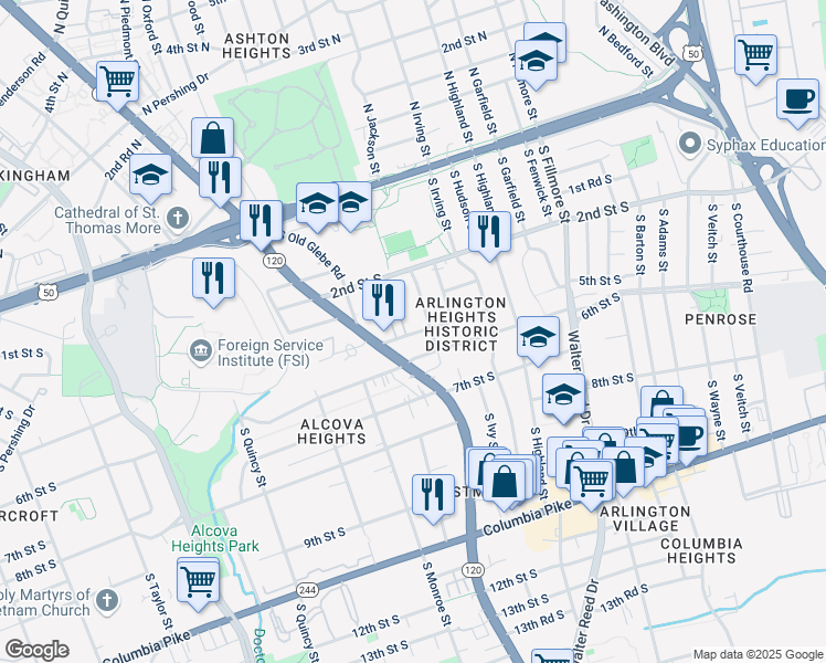 map of restaurants, bars, coffee shops, grocery stores, and more near 3321 5th Street South in Arlington