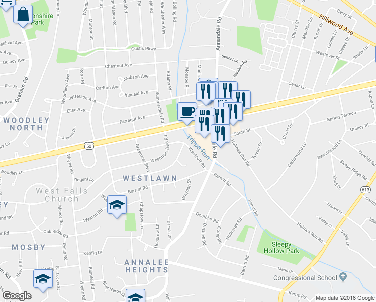 map of restaurants, bars, coffee shops, grocery stores, and more near 6719 Westcott Road in Falls Church