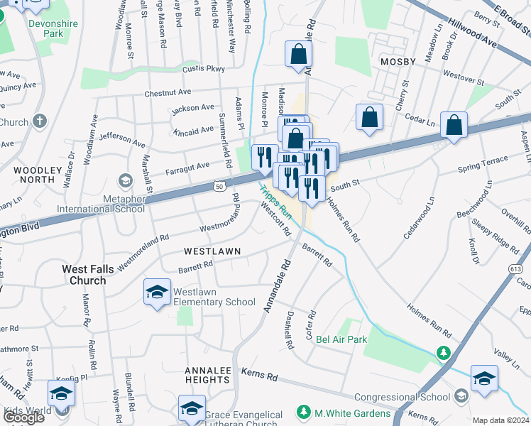 map of restaurants, bars, coffee shops, grocery stores, and more near 6719 Westcott Road in Falls Church