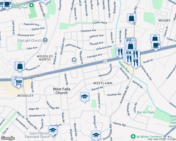map of restaurants, bars, coffee shops, grocery stores, and more near 6904 Westcott Road in Falls Church