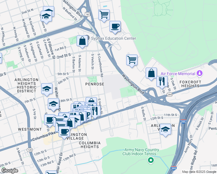 map of restaurants, bars, coffee shops, grocery stores, and more near 701 South Courthouse Road in Arlington