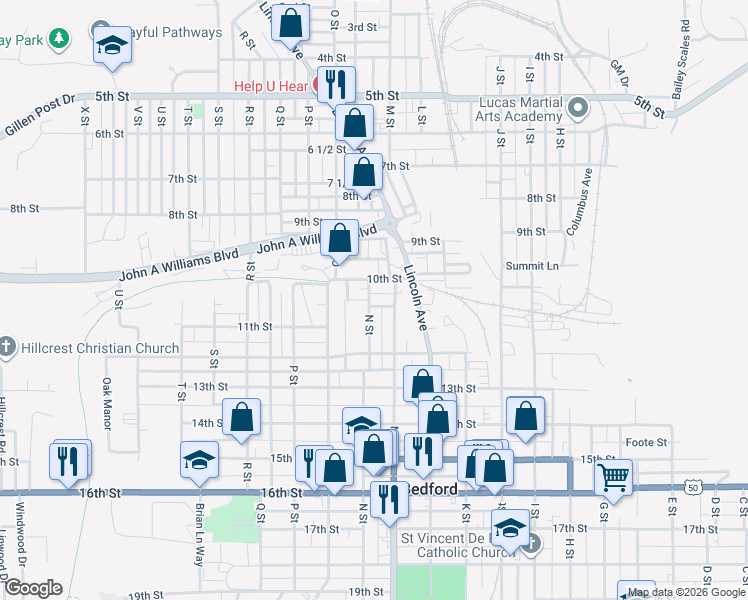 map of restaurants, bars, coffee shops, grocery stores, and more near 1001 N Street in Bedford