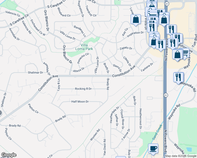 map of restaurants, bars, coffee shops, grocery stores, and more near 2510 Villa Loma Drive in Colorado Springs