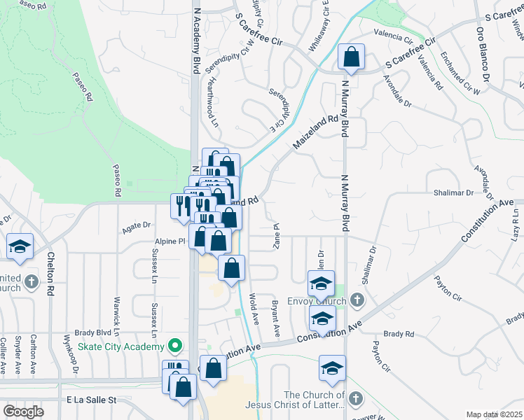 map of restaurants, bars, coffee shops, grocery stores, and more near 2430 Zane Circle in Colorado Springs