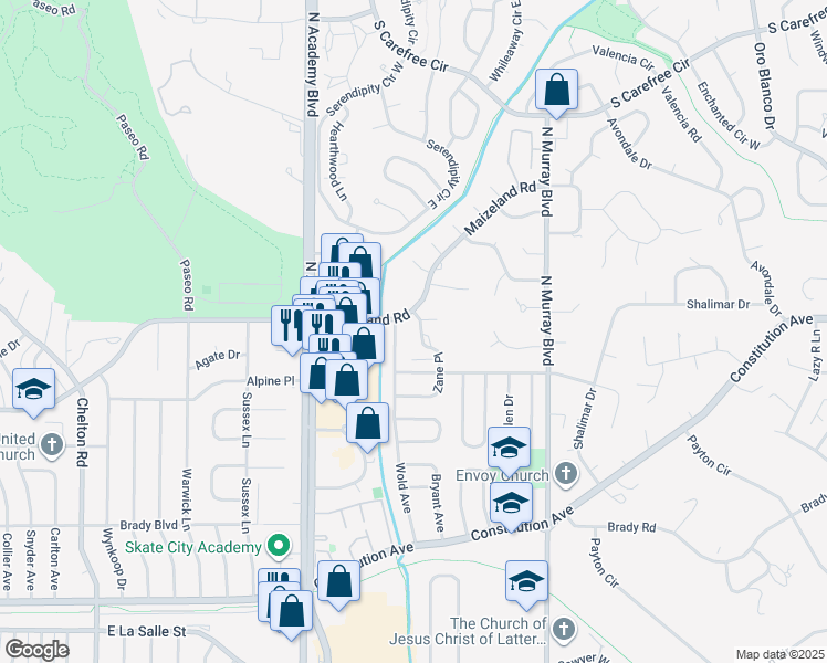 map of restaurants, bars, coffee shops, grocery stores, and more near 2430 Zane Circle in Colorado Springs