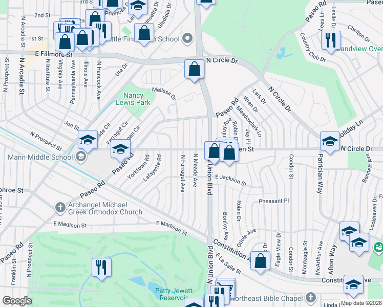 map of restaurants, bars, coffee shops, grocery stores, and more near 2505 Farragut Avenue in Colorado Springs