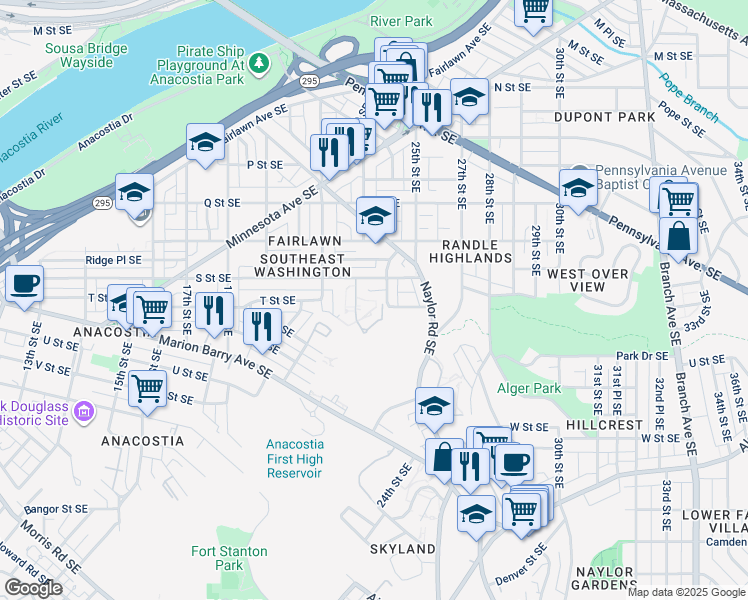 map of restaurants, bars, coffee shops, grocery stores, and more near 1812 23rd Street Southeast in Washington