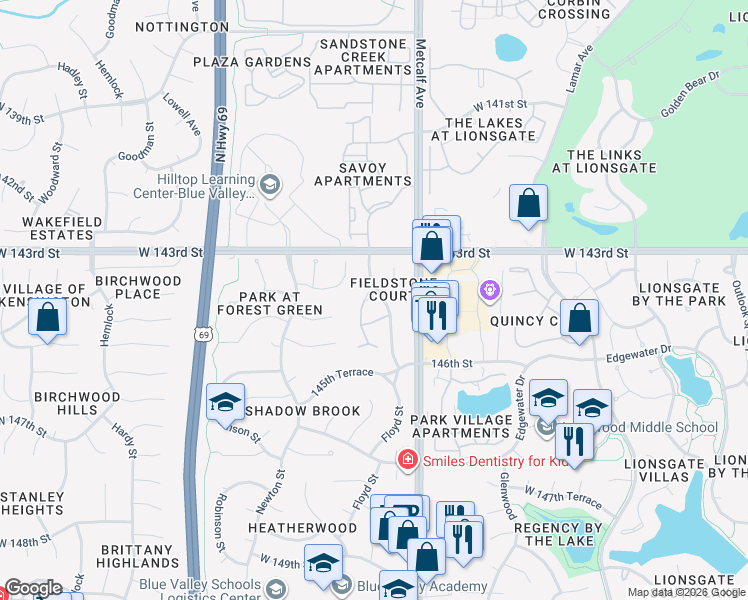 map of restaurants, bars, coffee shops, grocery stores, and more near 14301 Marty Street in Overland Park