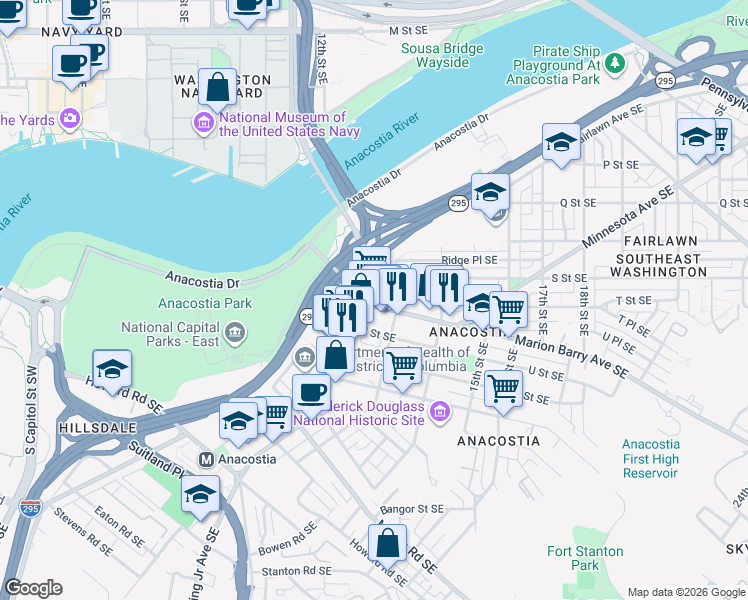 map of restaurants, bars, coffee shops, grocery stores, and more near 101 Independence Avenue Southeast in Washington